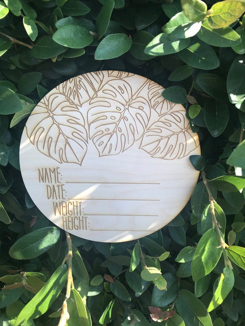 Birth Announcement Plaque with Tropical design for Name Date Weight and Height Announcement Plaque Laser Cut Wood Photo Prop Sign