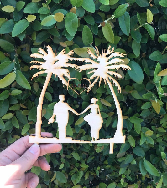 Custom Personalized Mr and Mrs with Date Tropical Island Hawaii Wedding Natural Wood Cake Topper