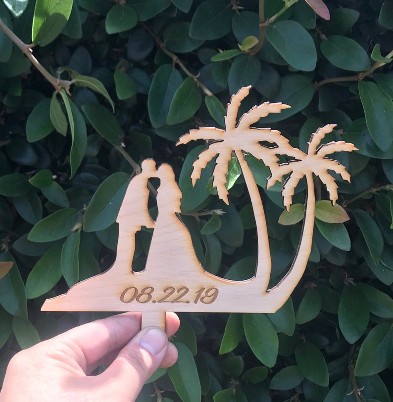 Custom Mr and Mrs with Personalized Engraved Date Tropical Island Hawaii Wedding Natural Wood Cake Topper