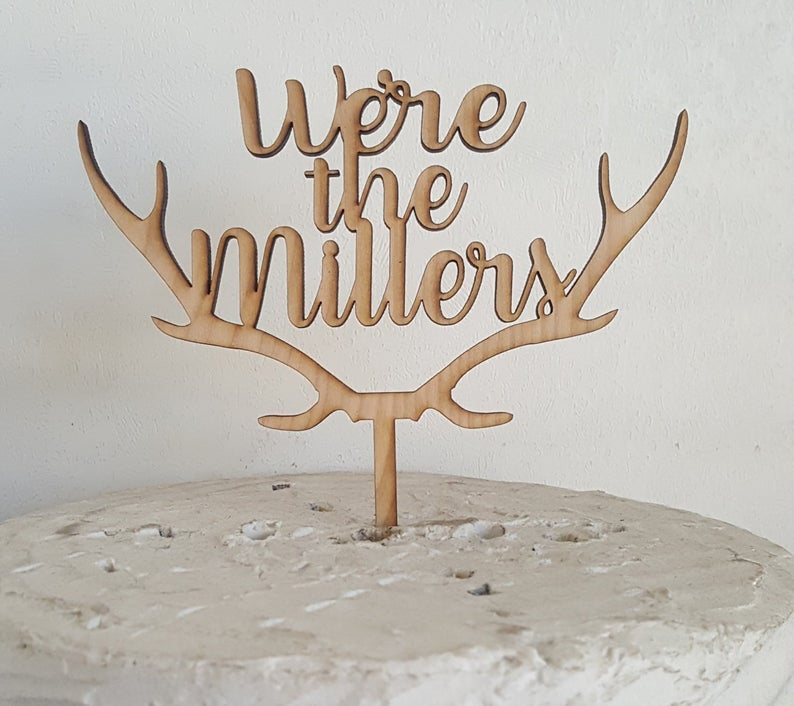 Custom Personalized We're the and Last Name Wood Deer Antler Cake Topper - Winter Woodland Themed Wedding
