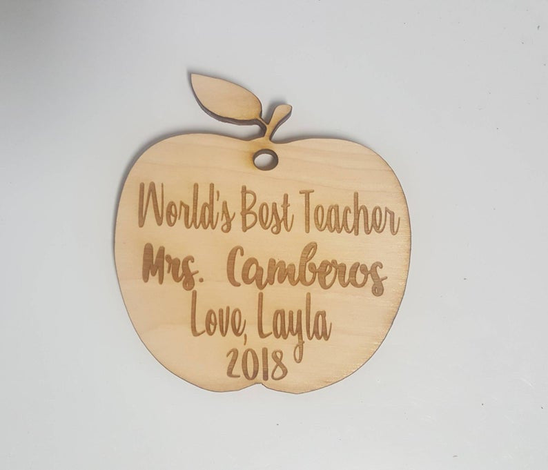Personalized Christmas Tree Teachers Apple Gift Ornament Worlds best Teacher with Custom Name and love, Child's name and current year