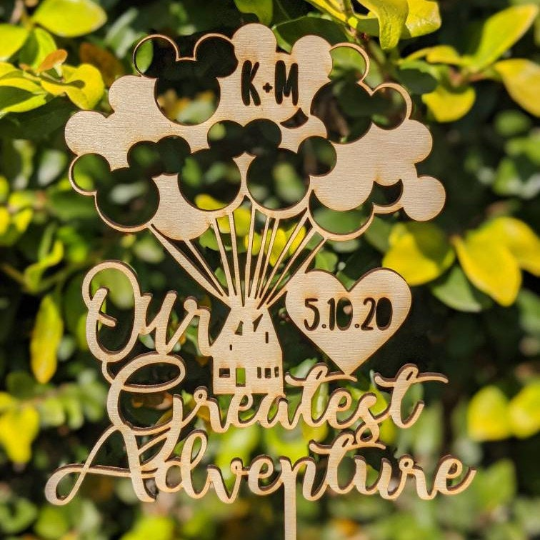 Our Greatest Adventure Up House Wedding Cake Topper With Initial Cut Outs and Date  Keepsake Wedding Topper