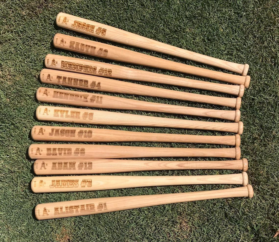 Individually Personalized Mini 18 inch Wooden Baseball Bats Favor End of the Year Team Gift with Customized Name Logo or Year on Bat