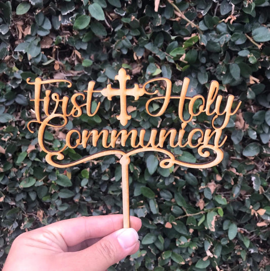 Custom First Holy Communion God Bless Cross Natural Wood Cake Topper