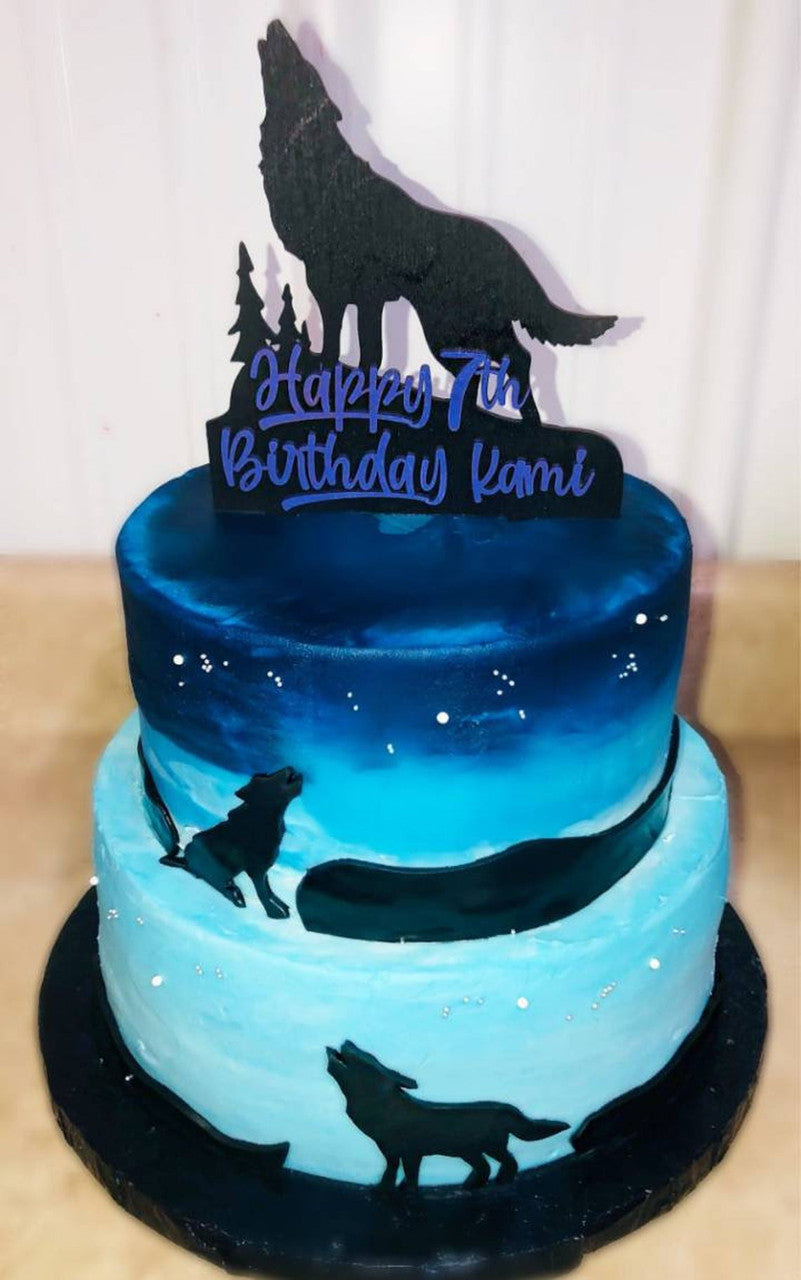 The Great Wolf Howling with Custom Name and Age Birthday Natural Layered Wood Cake Topper