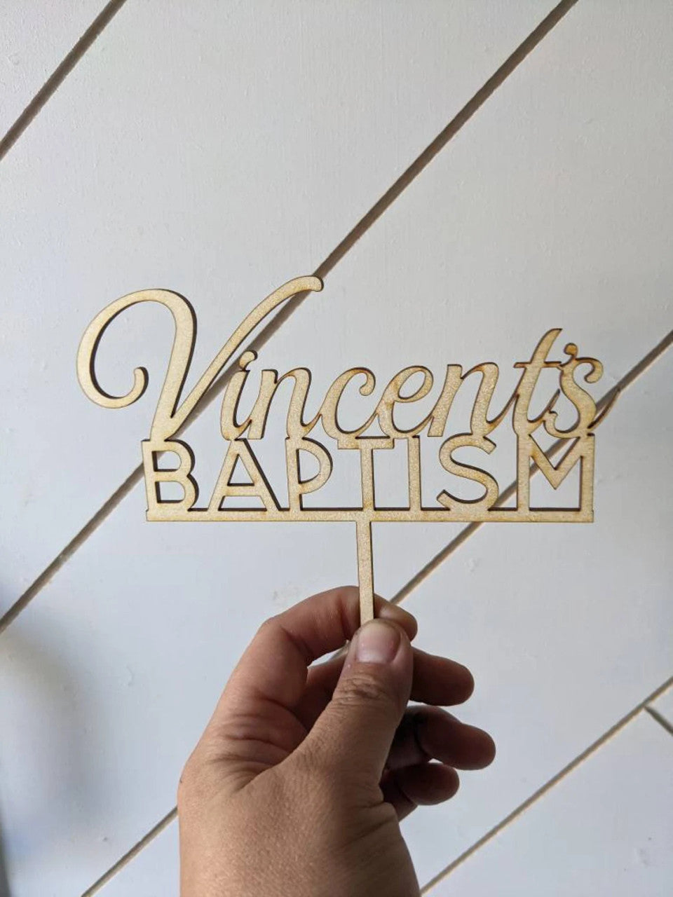 Custom Baptism Name Natural Wood Cake Topper