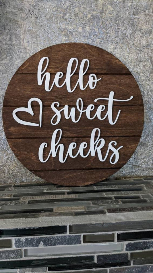 Hello Sweet Cheeks + Heart Sign | Living Room Decor | Home Decor | Farmhouse | 3D Sign | Round Sign | Housewarming Gift | Faux Shiplap