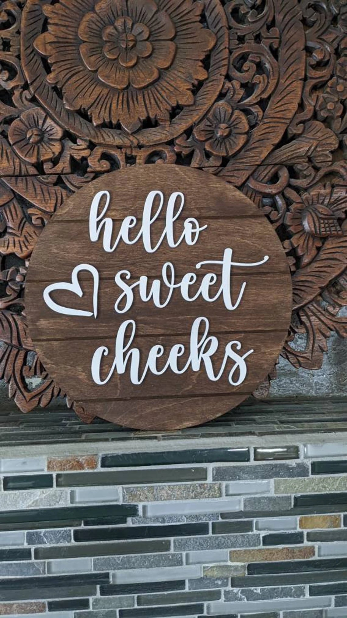 Hello Sweet Cheeks + Heart Sign | Living Room Decor | Home Decor | Farmhouse | 3D Sign | Round Sign | Housewarming Gift | Faux Shiplap