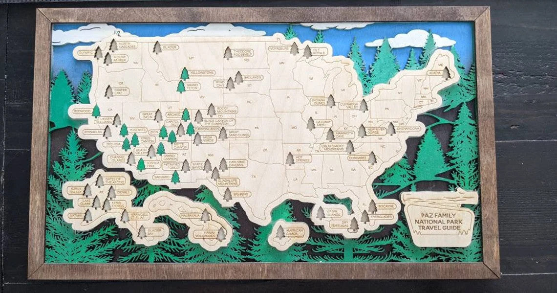 Personalized National Park Travel Map Sign | National Forest Parks Wall Decor | Wooden Map National Park Keepsake| Wood Explorer Sign