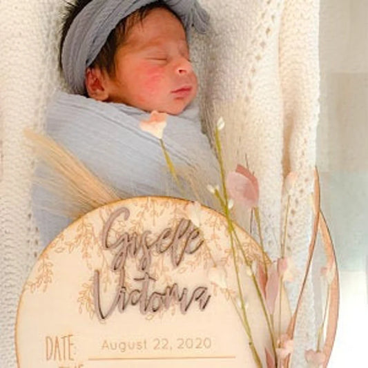 Engraved Modern Birth Announcement Sign | Welcome Newborn Keepsake | Hospital Birth Stats | 3D like Photo Prop | Wooden Baby Shower Gift