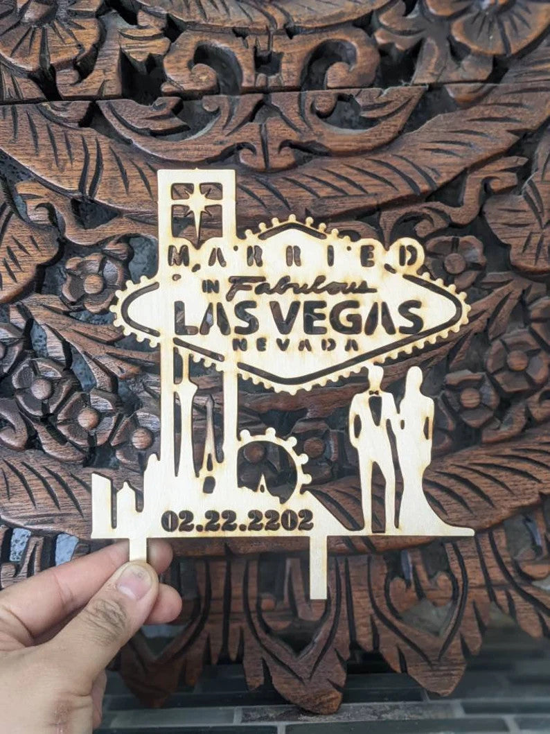 Personalized Date Mr and Mrs Silhouette  Married in Las Vegas Cake Topper with Skyline