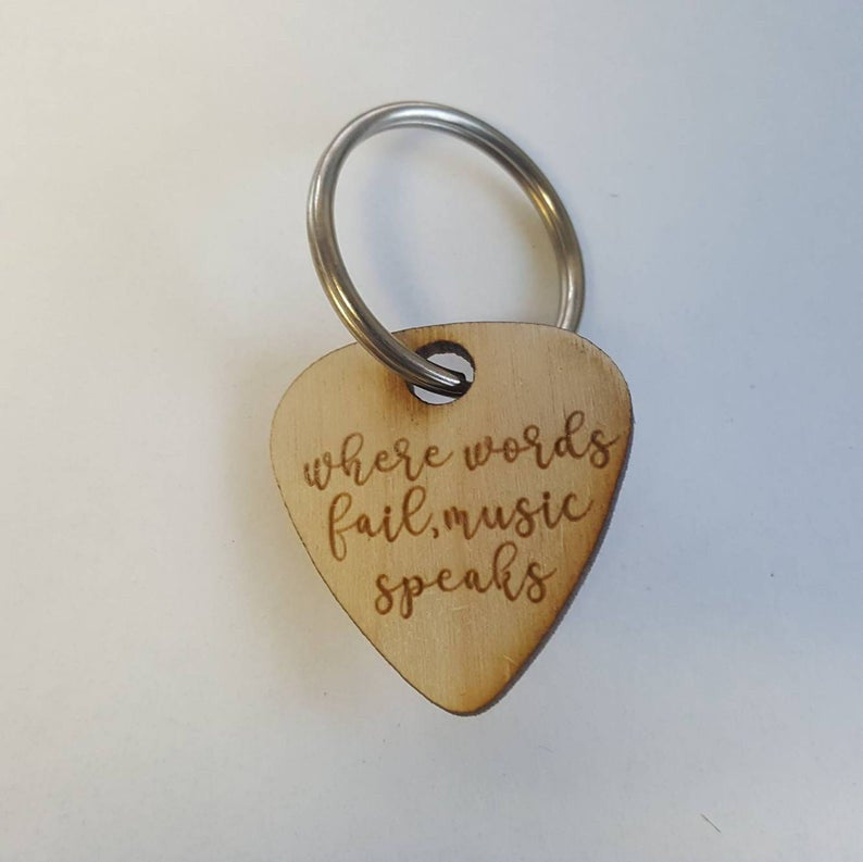 Where Words Fail, Music Speaks Engraved Wooden Guitar Pick Keychain- Wood, Great Gift for Husband, Dad, Boyfriend, Groom, Wife, Girlfriend
